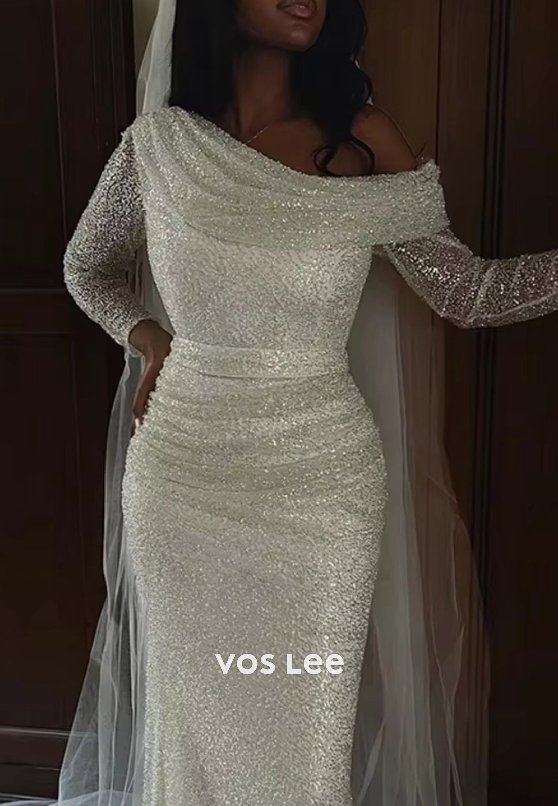 Sparkle & Shine Long Sleeve One Shoulder Pleated Mermaid Wedding Dresses with Sweep Train