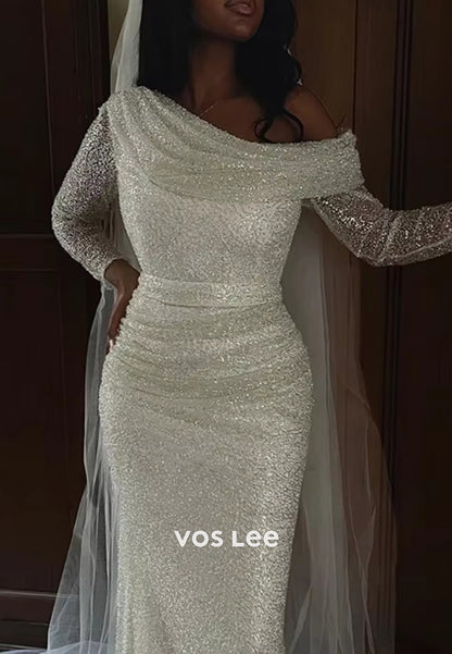 Sparkle & Shine Long Sleeve One Shoulder Pleated Mermaid Wedding Dresses with Sweep Train