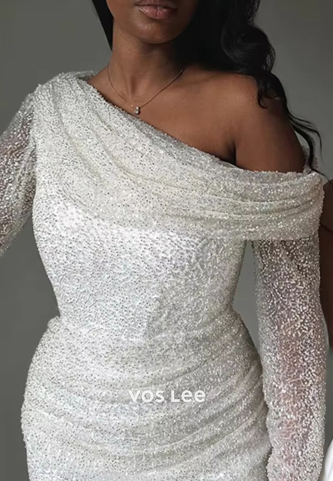 Sparkle & Shine Long Sleeve One Shoulder Pleated Mermaid Wedding Dresses with Sweep Train