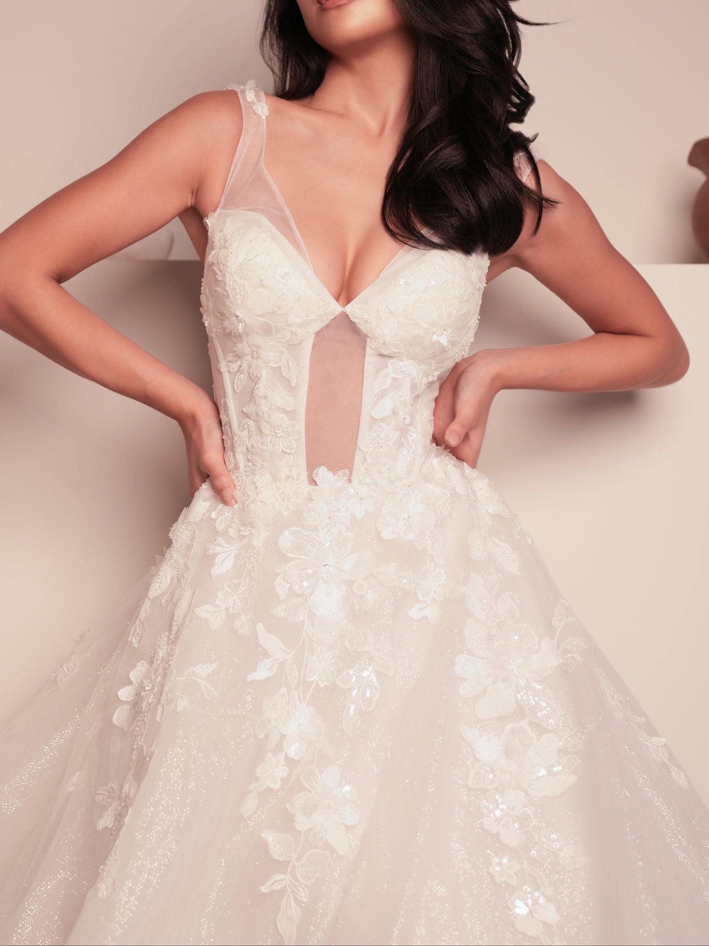 Sweetheart Neckline Sheer Illusion Ball Gown with 3D Floral Appliqués