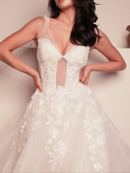 Sweetheart Neckline Sheer Illusion Ball Gown with 3D Floral Appliqués