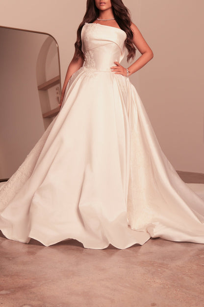Modern Fairytale: Minimalist Satin Wedding Dress with Embroidered Train