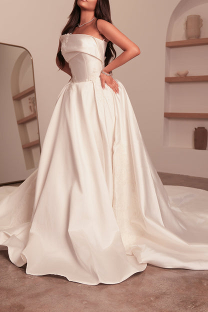 Modern Fairytale: Minimalist Satin Wedding Dress with Embroidered Train