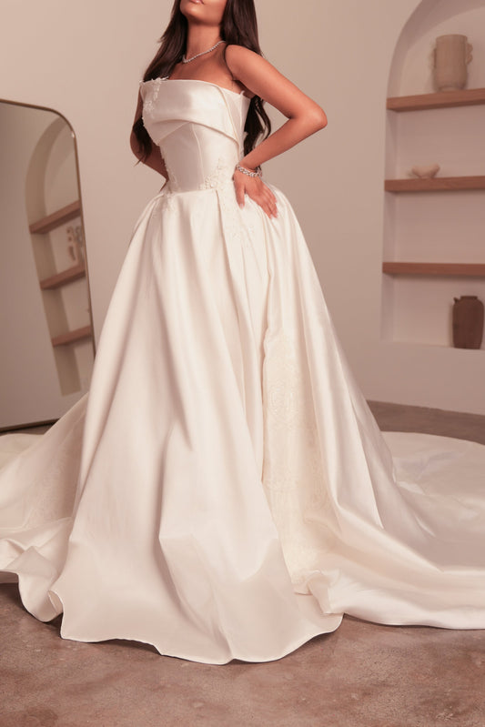 Modern Fairytale: Minimalist Satin Wedding Dress with Embroidered Train