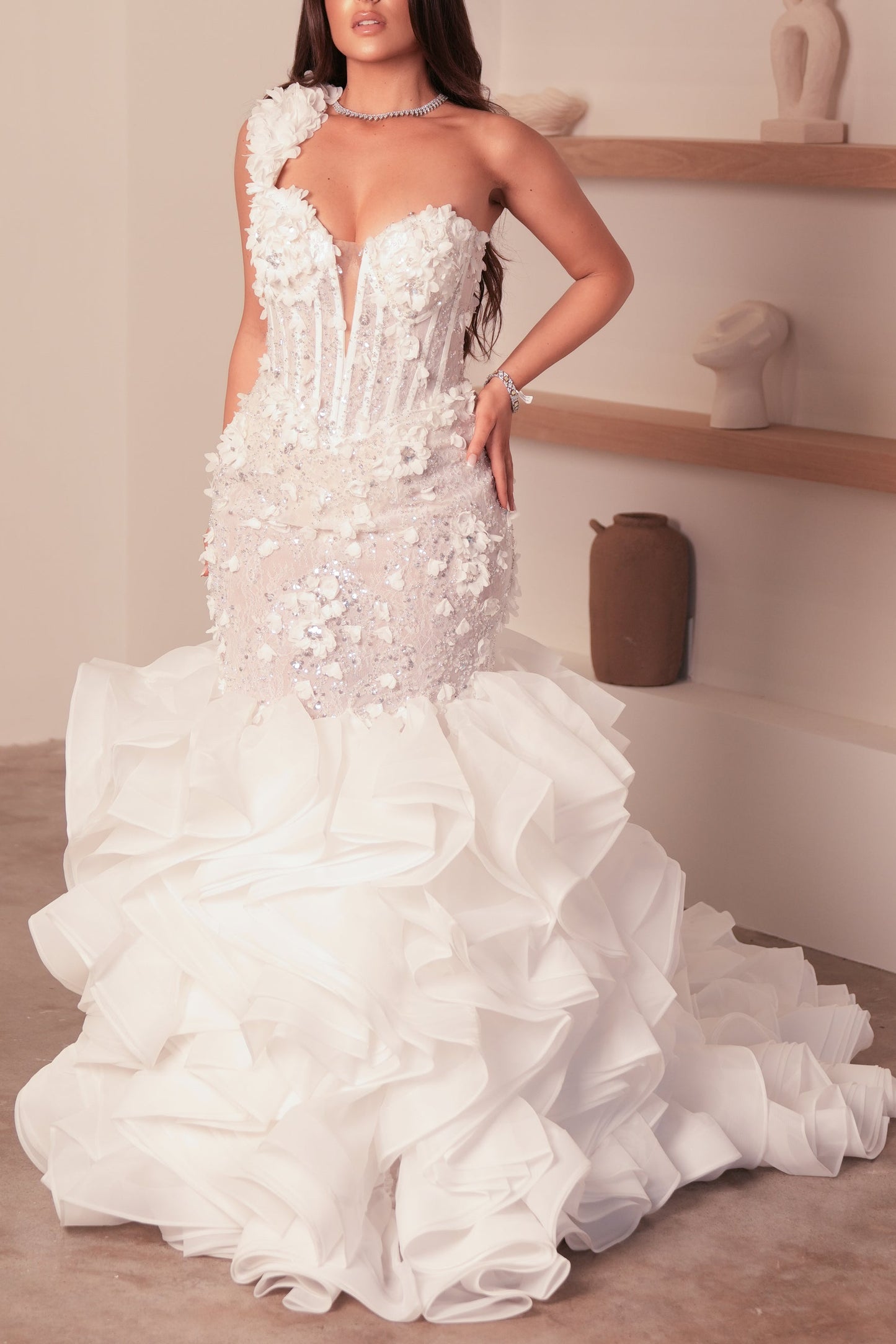 Luxury 3D Floral Sequin Bridal Gown: Strapless Mermaid Dress with Dramatic Train