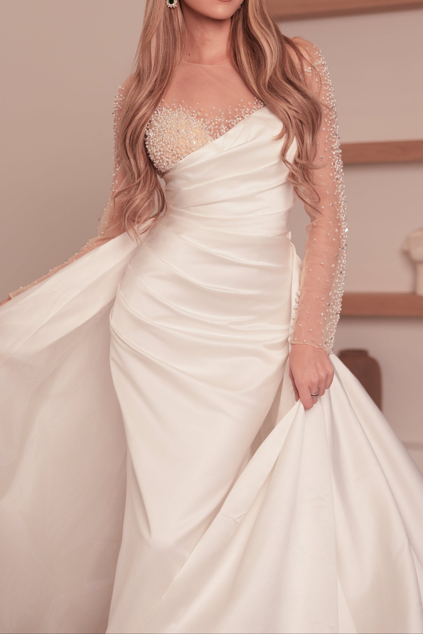 Modern Minimalist Wedding Dress: Satin Fit-and-Flare with Beaded Bodice