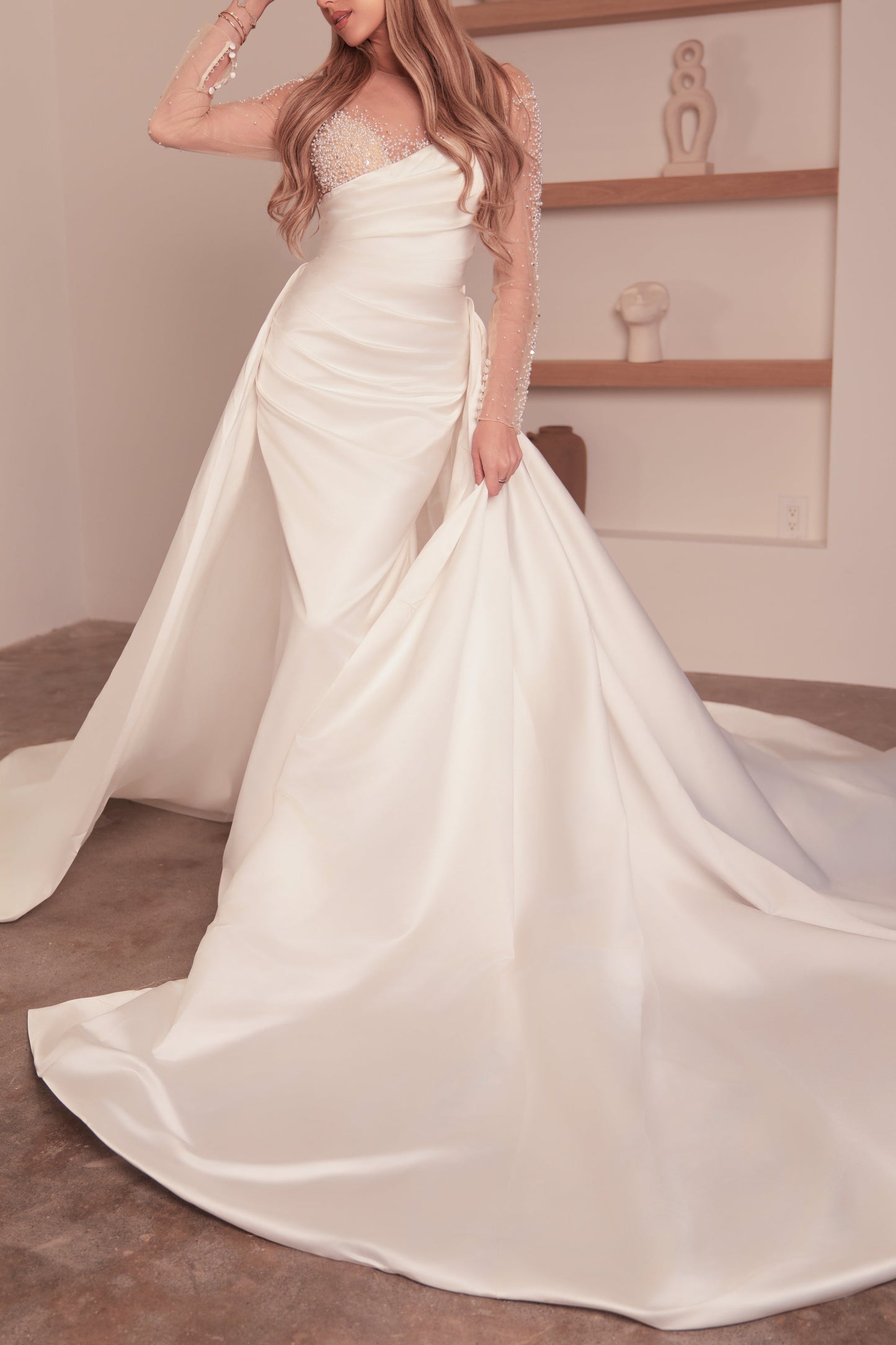 Modern Minimalist Wedding Dress: Satin Fit-and-Flare with Beaded Bodice