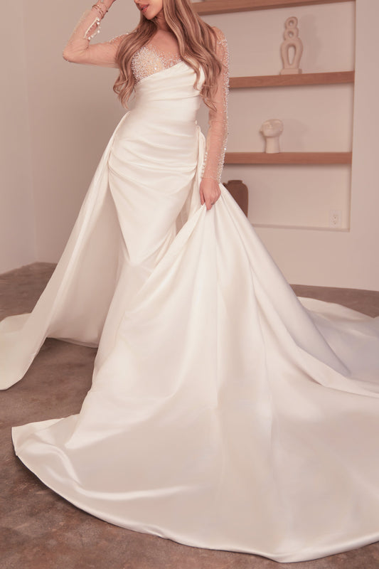 Modern Minimalist Wedding Dress: Satin Fit-and-Flare with Beaded Bodice