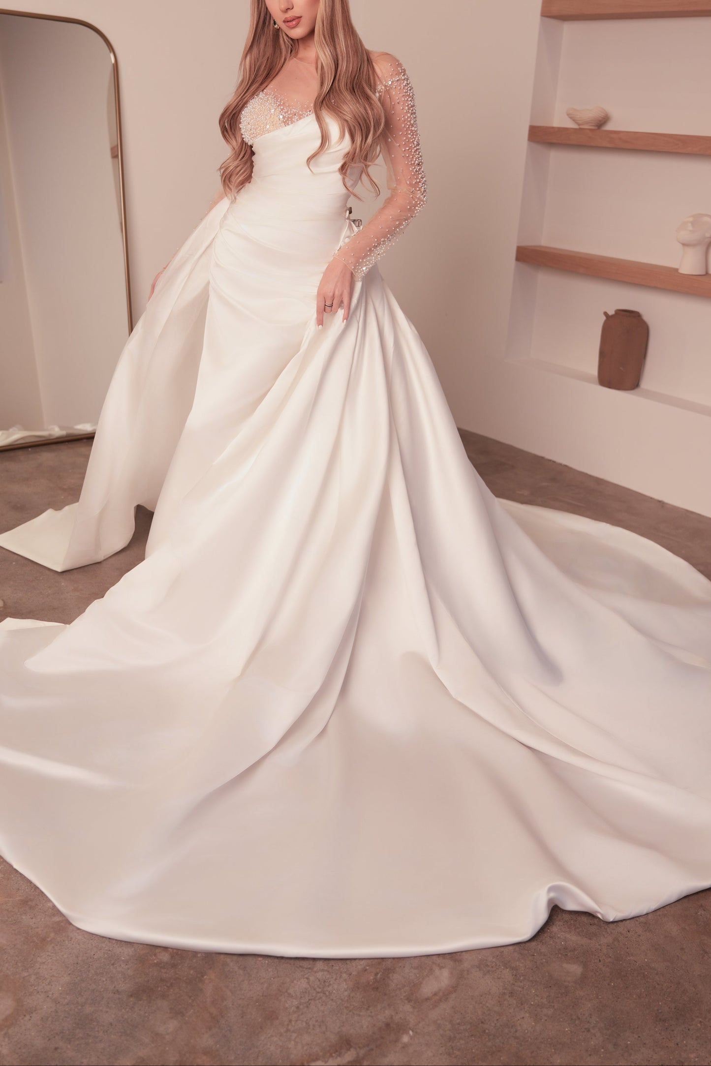 Modern Minimalist Wedding Dress: Satin Fit-and-Flare with Beaded Bodice