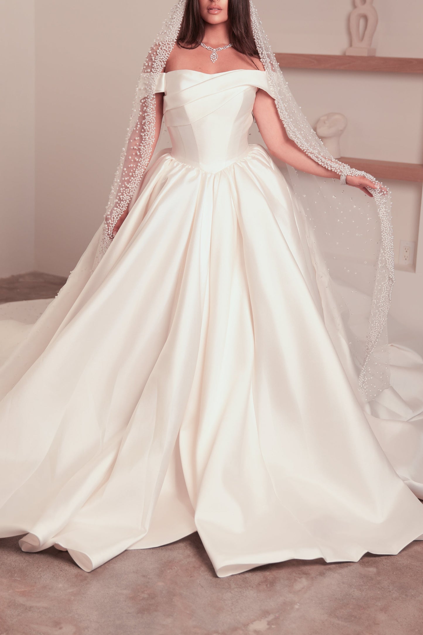 Classic Princess Wedding Dress: Satin Off-Shoulder Bridal Gown