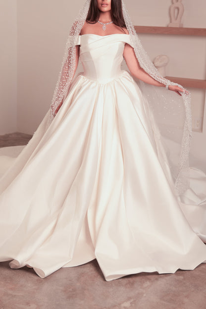 Classic Princess Wedding Dress: Satin Off-Shoulder Bridal Gown