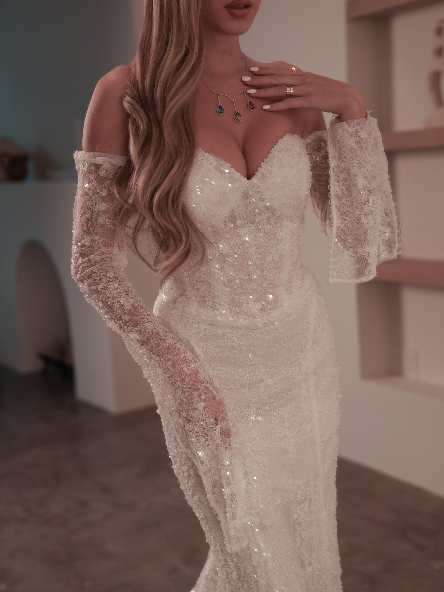 Stunning Sweetheart Neckline Sequin Mermaid Wedding Dress with Detachable Lace Sleeves