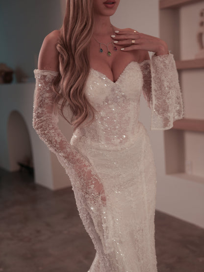 Stunning Sweetheart Neckline Sequin Mermaid Wedding Dress with Detachable Lace Sleeves
