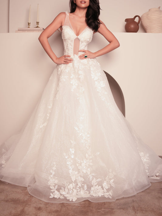 Sweetheart Neckline Sheer Illusion Ball Gown with 3D Floral Appliqués