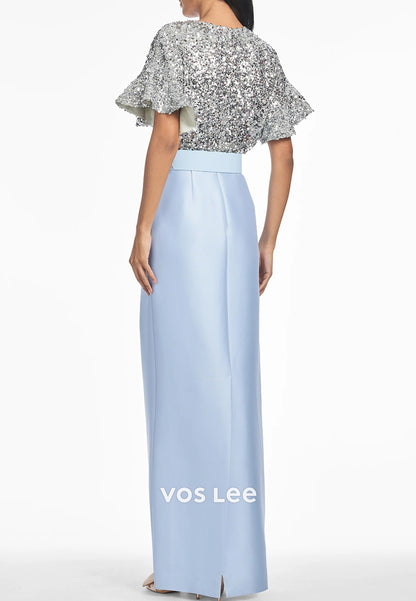 Sparkle & Shine Bell Sleeves V Neck Floor-Length Sheath Wedding Guest Dresses