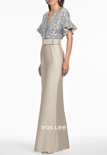 Sparkle & Shine Bell Sleeves V Neck Floor-Length Sheath Wedding Guest Dresses