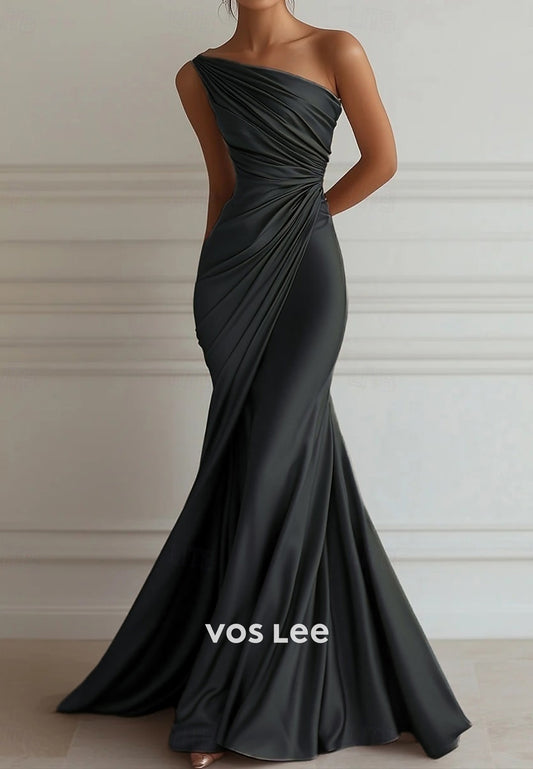 Sleeveless One Shoulder Pleated Mermaid Evening Dresses with Sweep Train