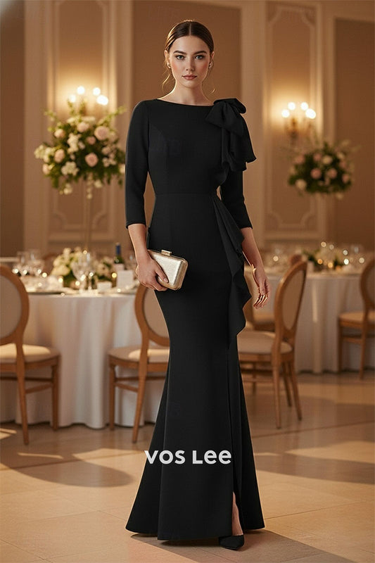 Red 3/4 Sleeve Mermaid Gown – Asymmetric Ruffle Formal Dress with Bow Detail