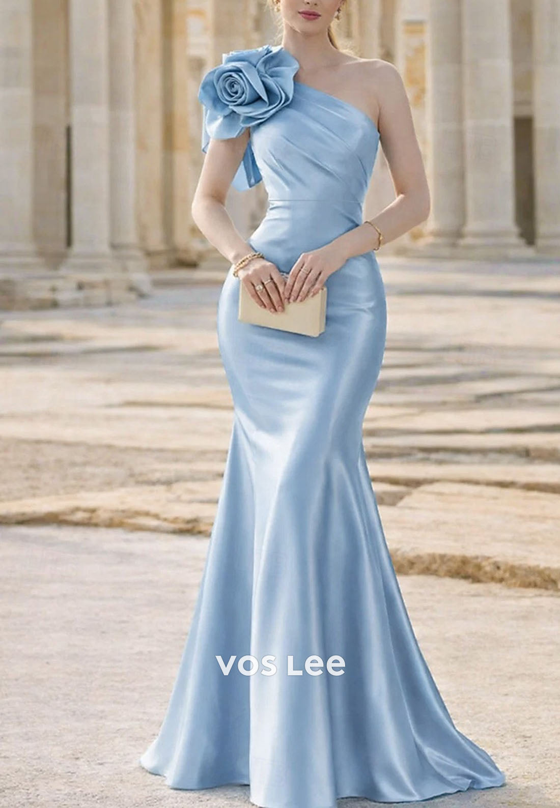 Sky Blue Satin Mermaid Mother of the Bride Gown with 3D Rose Detail