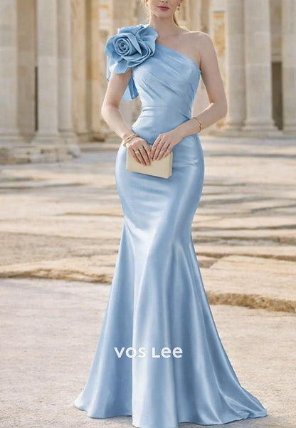 Sky Blue Satin Mermaid Mother of the Bride Gown with 3D Rose Detail