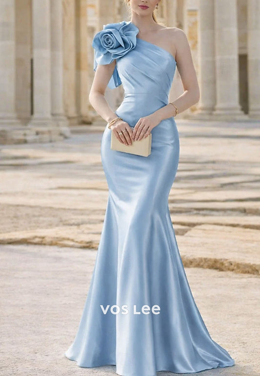 Sky Blue Satin Mermaid Mother of the Bride Gown with 3D Rose Detail