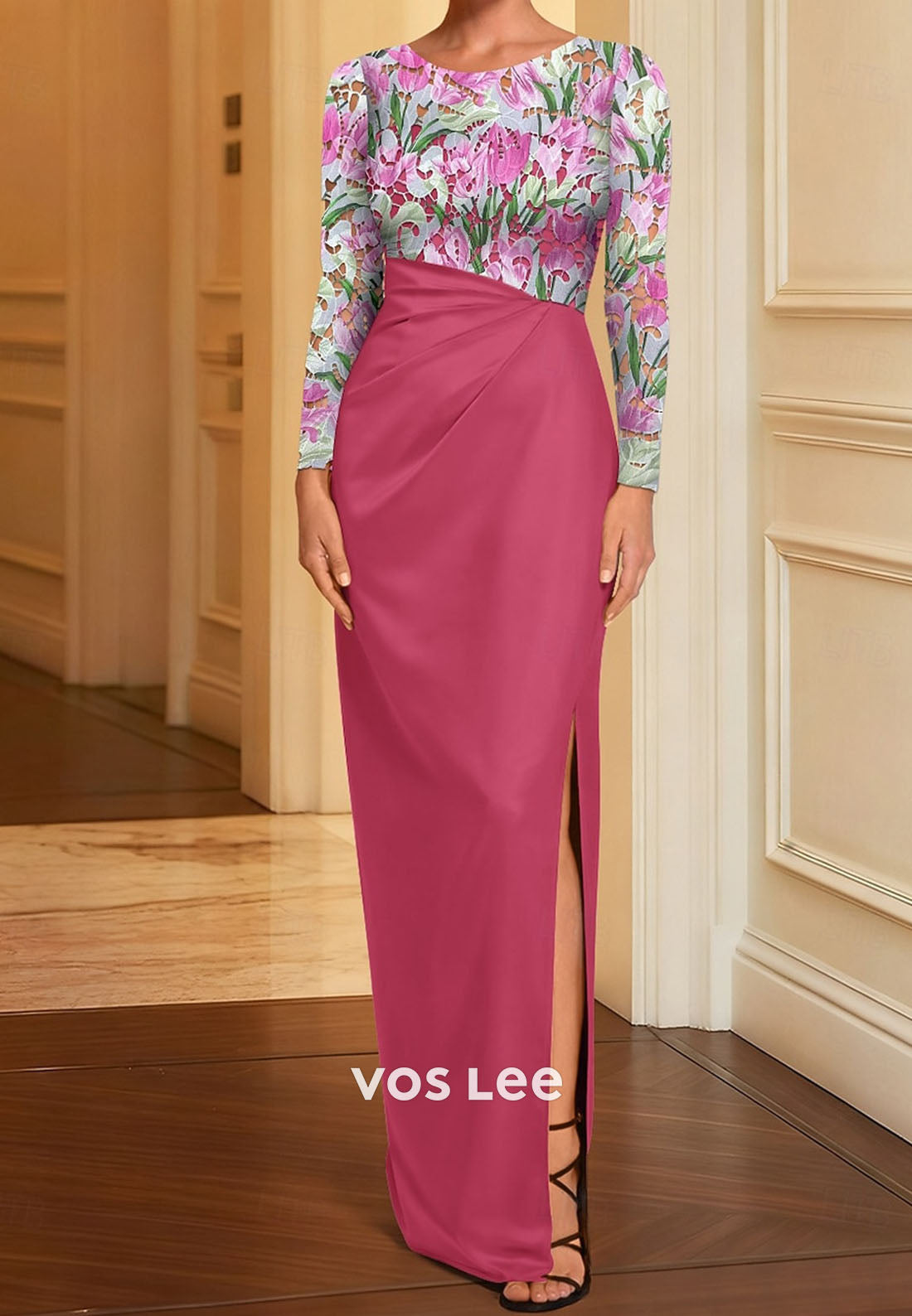 Long Sleeve Floral & Fuchsia Formal Dress for Mother of the Bride