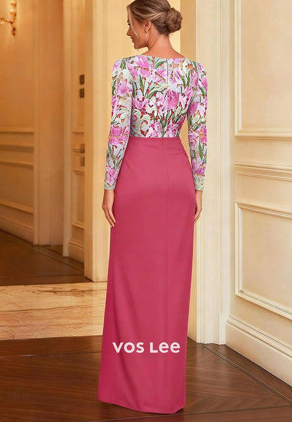 Long Sleeve Floral & Fuchsia Formal Dress for Mother of the Bride