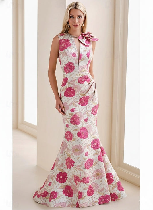 Mint Green Floral Print Mermaid Evening Dress | Sleeveless Floor-Length Formal Gown with Bow