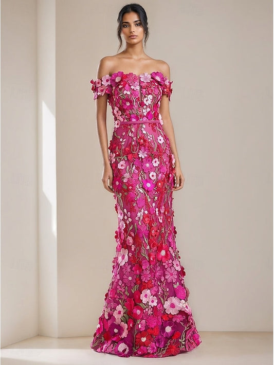 Fuchsia Pink Floral Embroidered Off Shoulder Dress Luxury Mermaid Party Gown