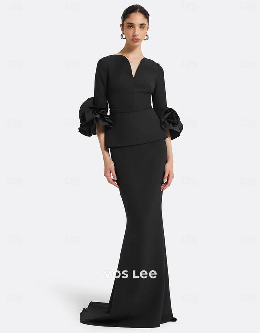 Black 3/4 Sleeve Mermaid Gown – V-Neck Formal Dress with Ruffled Cuffs