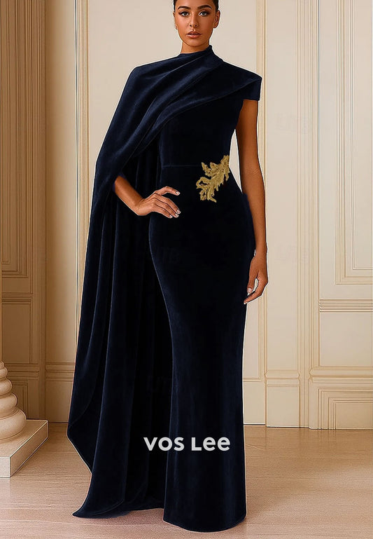 Navy Blue Velvet Evening Gown – One-Shoulder Capelet Formal Dress with Gold Appliqué