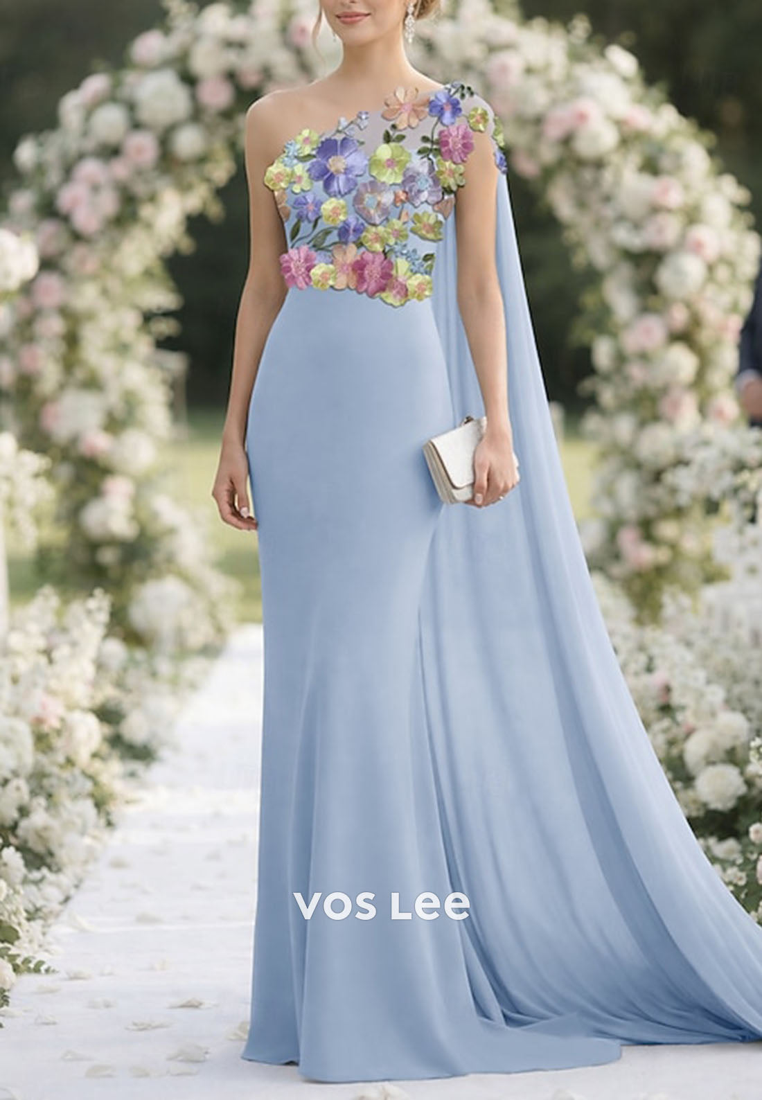 Sky Blue One-Shoulder Mermaid Gown with 3D Floral Appliqué