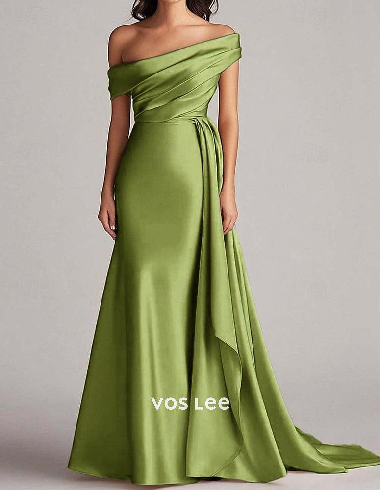 Off-the-Shoulder Mermaid Gown – Satin Formal Dress with Draped Sash & Train