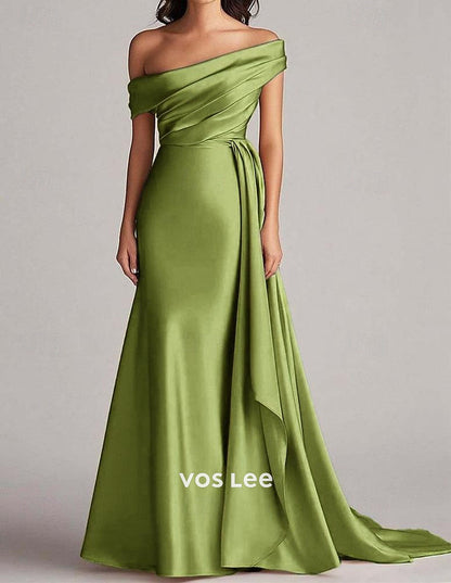 Off-the-Shoulder Mermaid Gown – Satin Formal Dress with Draped Sash & Train