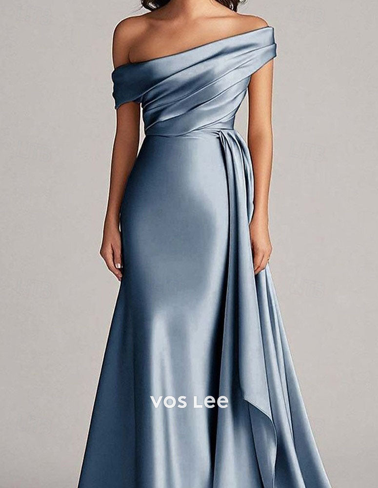 Off-the-Shoulder Mermaid Gown – Satin Formal Dress with Draped Sash & Train