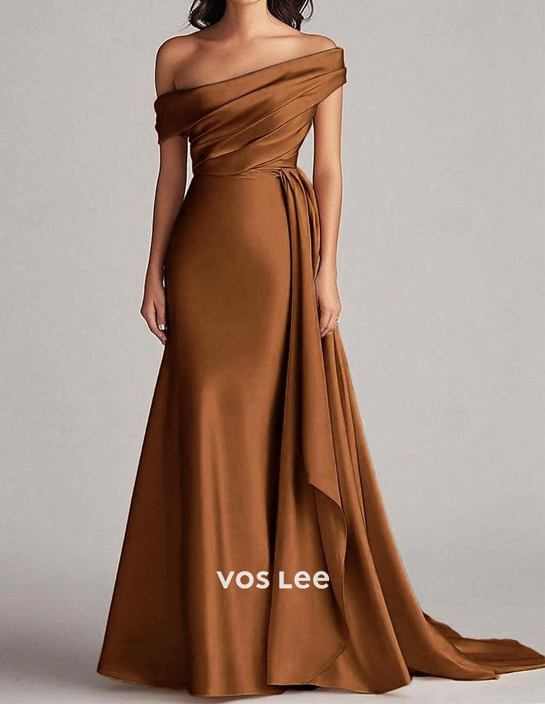 Off-the-Shoulder Mermaid Gown – Satin Formal Dress with Draped Sash & Train