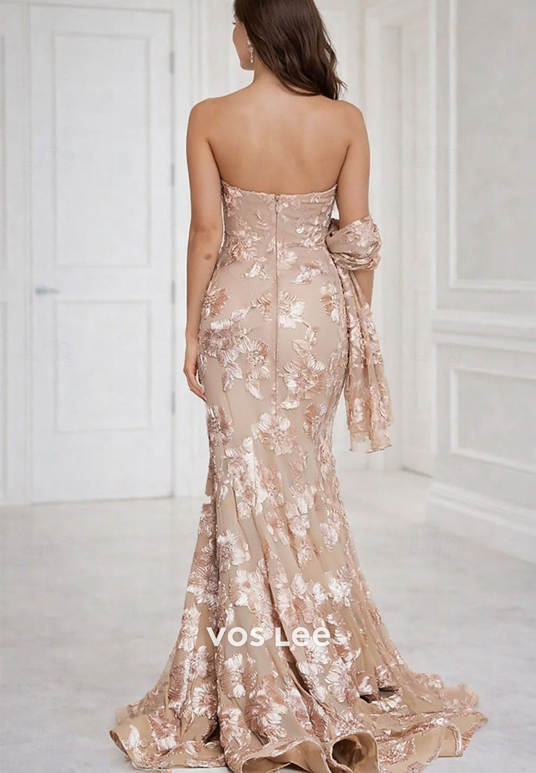 Nude Pink Embroidered Mermaid Gown with Detachable Shawl