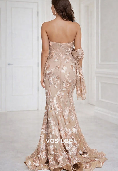 Nude Pink Embroidered Mermaid Gown with Detachable Shawl