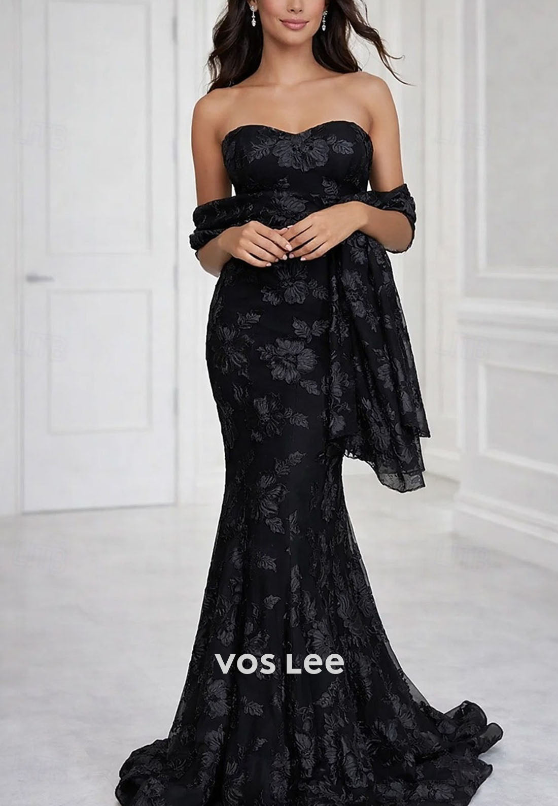 Nude Pink Embroidered Mermaid Gown with Detachable Shawl