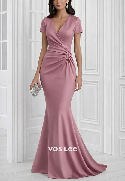 Elegant Short Sleeve V Neck Mermaid Wedding Formal Dress Satin with Ruched