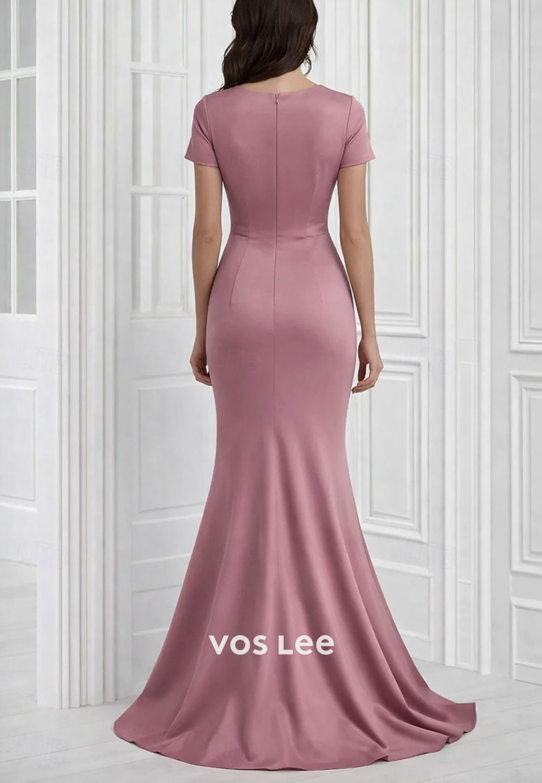 Elegant Short Sleeve V Neck Mermaid Wedding Formal Dress Satin with Ruched