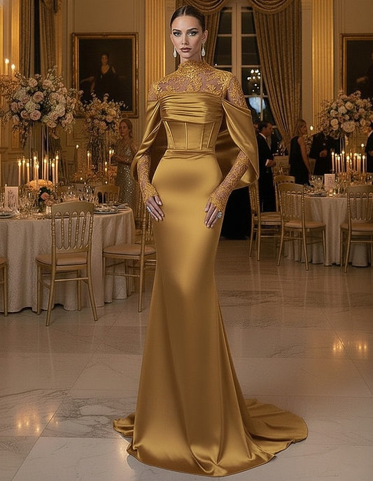 Gold Satin High Neck Evening Gown - Long Sleeve Mermaid Formal Dress with Train