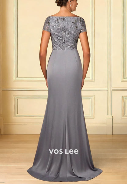 Elegant Short Sleeve Crew Neck Mother Wedding Guest Dress Mermaid Evening Gown