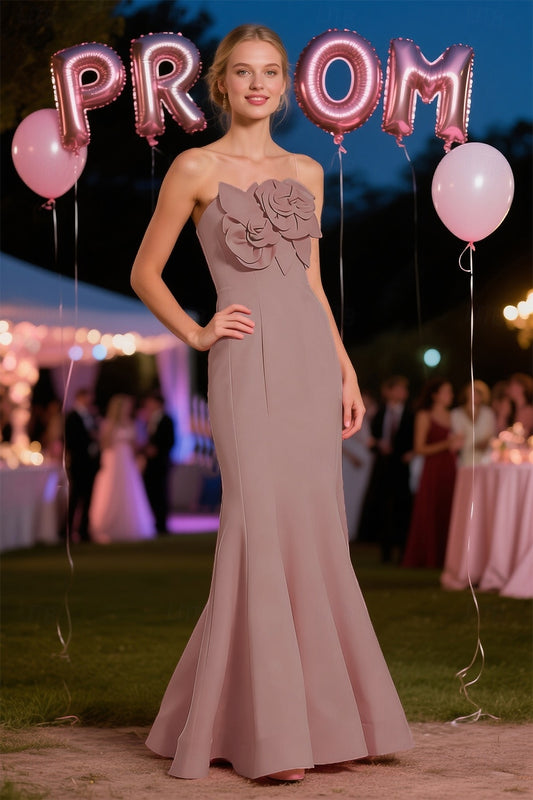 Blush Pink Strapless Mermaid Prom Dress | Floor-Length Formal Gown with Floral Appliques