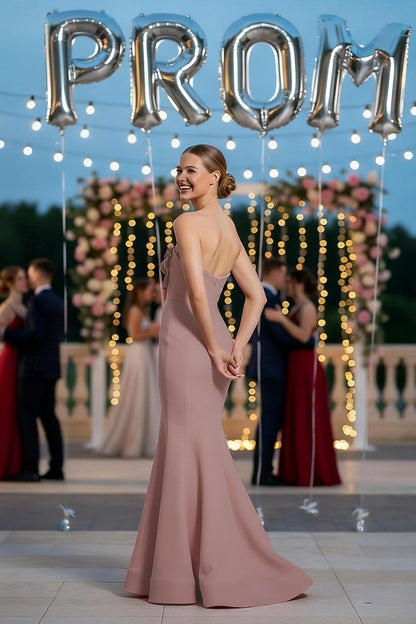 Blush Pink Strapless Mermaid Prom Dress | Floor-Length Formal Gown with Floral Appliques