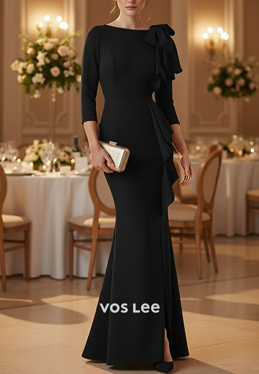 Elegant 3_4 Length Sleeve Boat Neck Mermaid Evening Gown