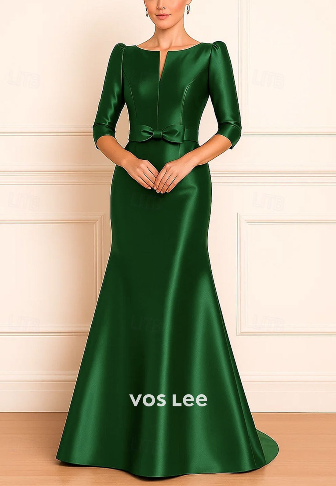 3/4 Length Sleeve Satin with Bow Trumpet Floor Length Evening Gown