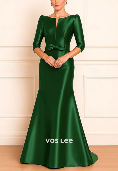 3/4 Length Sleeve Satin with Bow Trumpet Floor Length Evening Gown