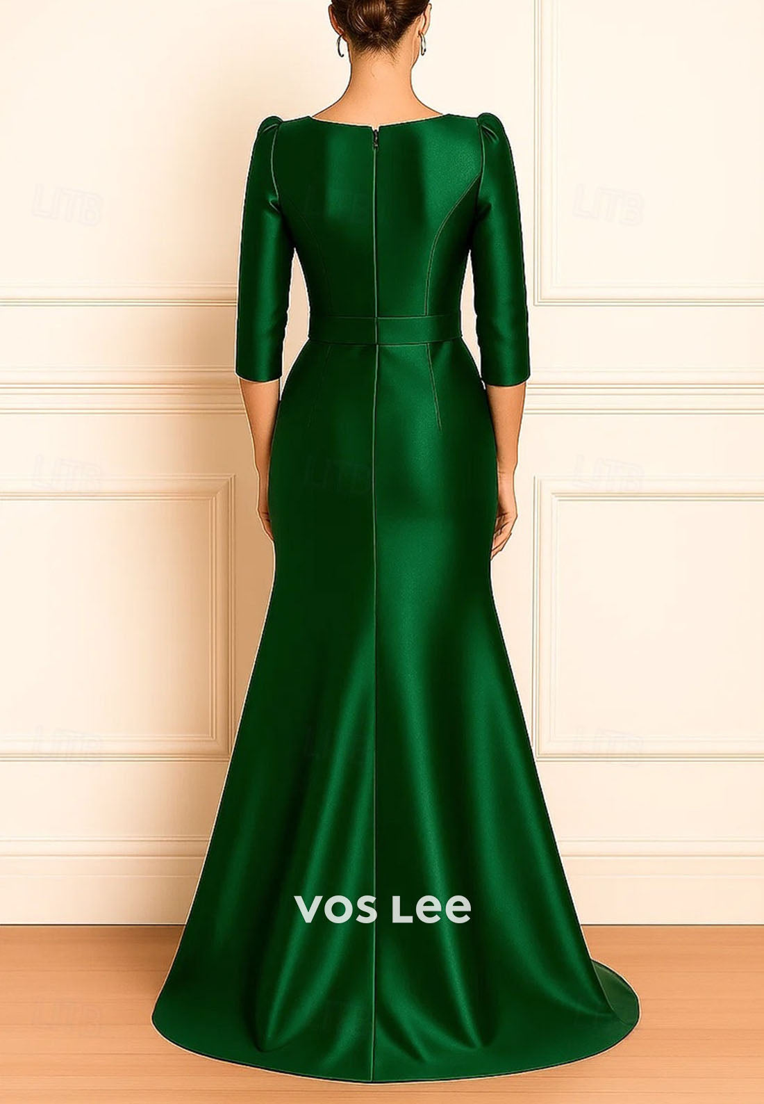 3/4 Length Sleeve Satin with Bow Trumpet Floor Length Evening Gown