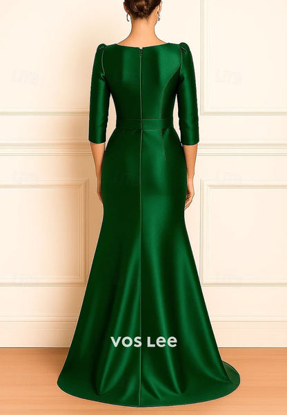 3/4 Length Sleeve Satin with Bow Trumpet Floor Length Evening Gown